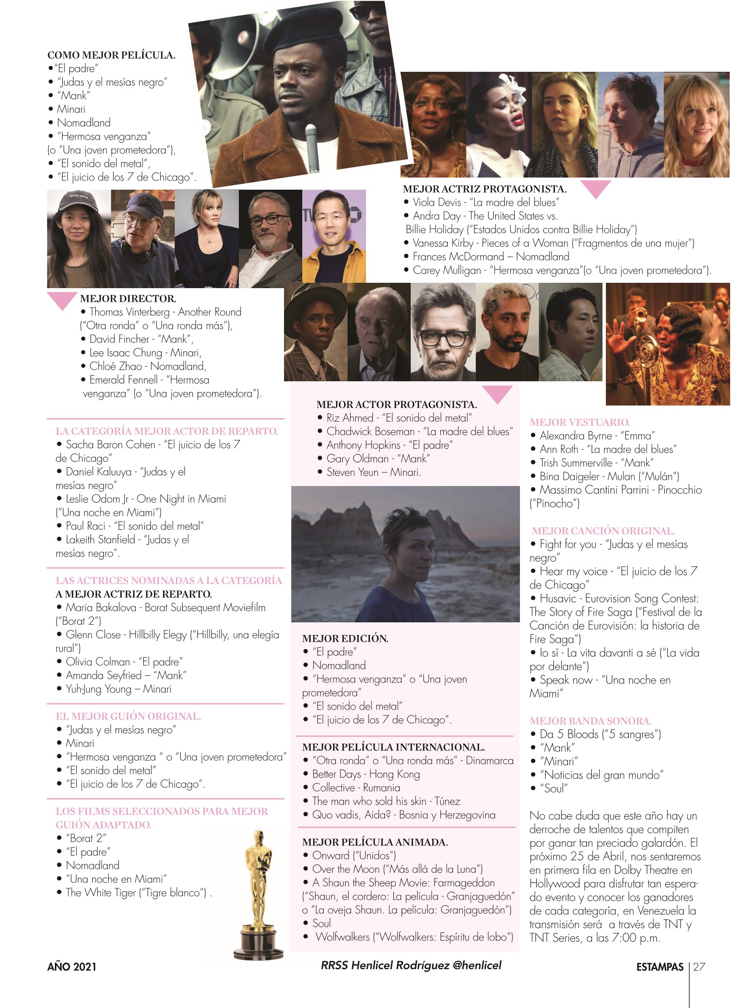 27-REV Entretenimiento Entrevista Henlicel Rodriguez Premios Oscar 2021 Novedades y Nominados